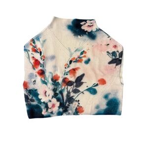 Anthropologie 100% Cashmere Cream Floral Mock Neck Top